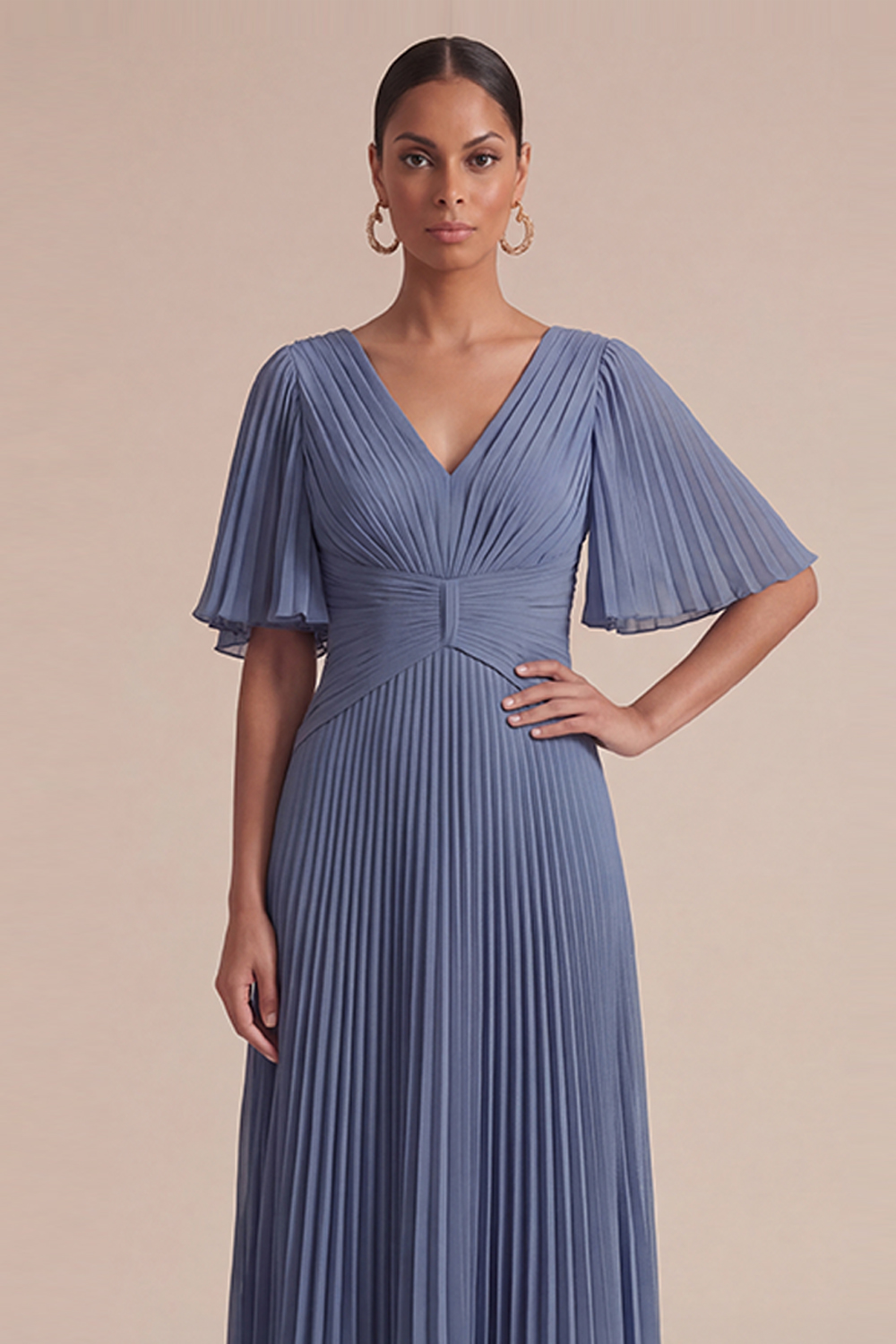 Dusty Blue Wedding Guest Dress V-Neck Ruffle Sleeve Pleated Maxi Dress 