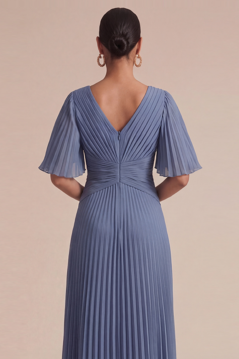 Dusty Blue Wedding Guest Dress V-Neck Ruffle Sleeve Pleated Maxi Dress 