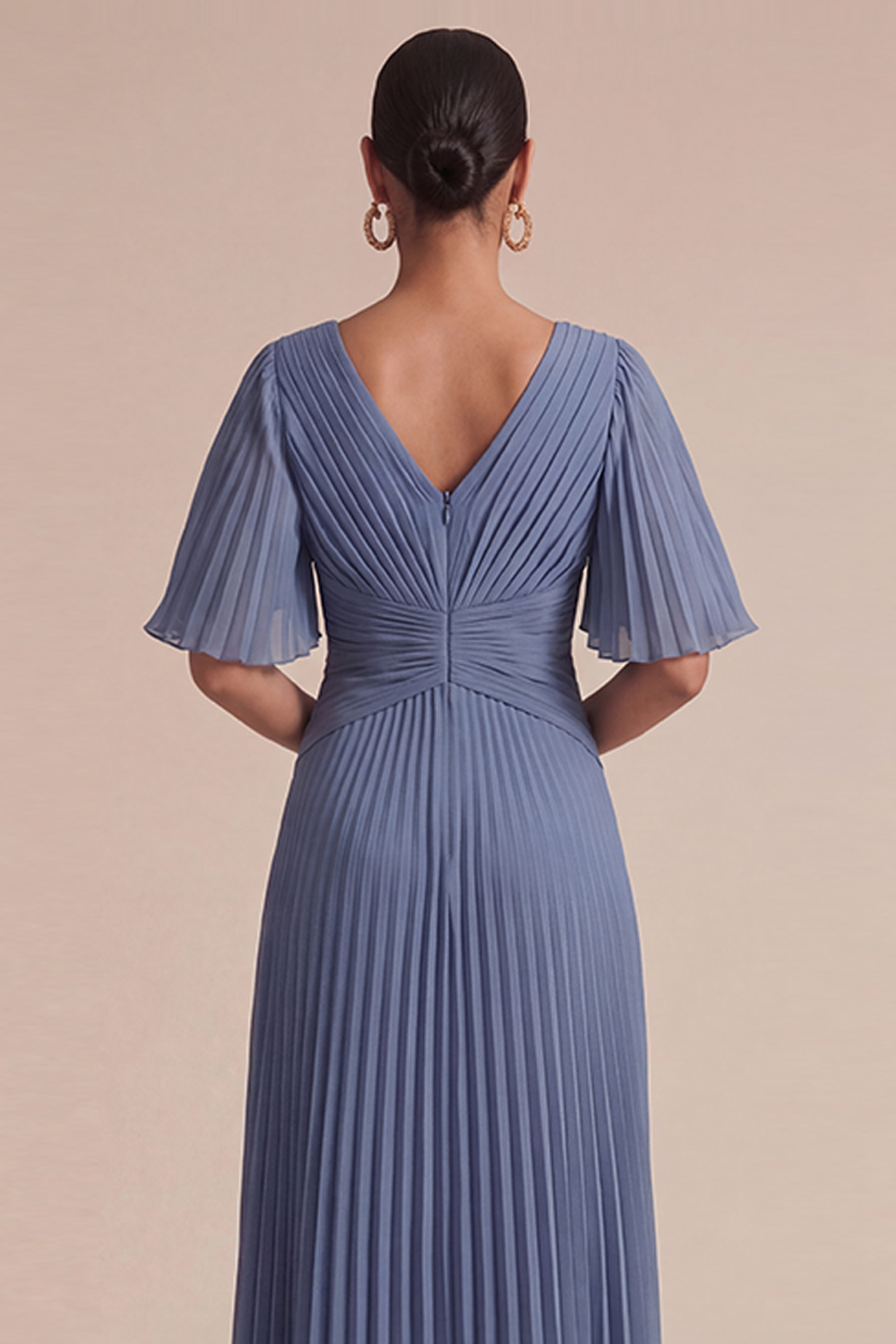 Dusty Blue Wedding Guest Dress V-Neck Ruffle Sleeve Pleated Maxi Dress 