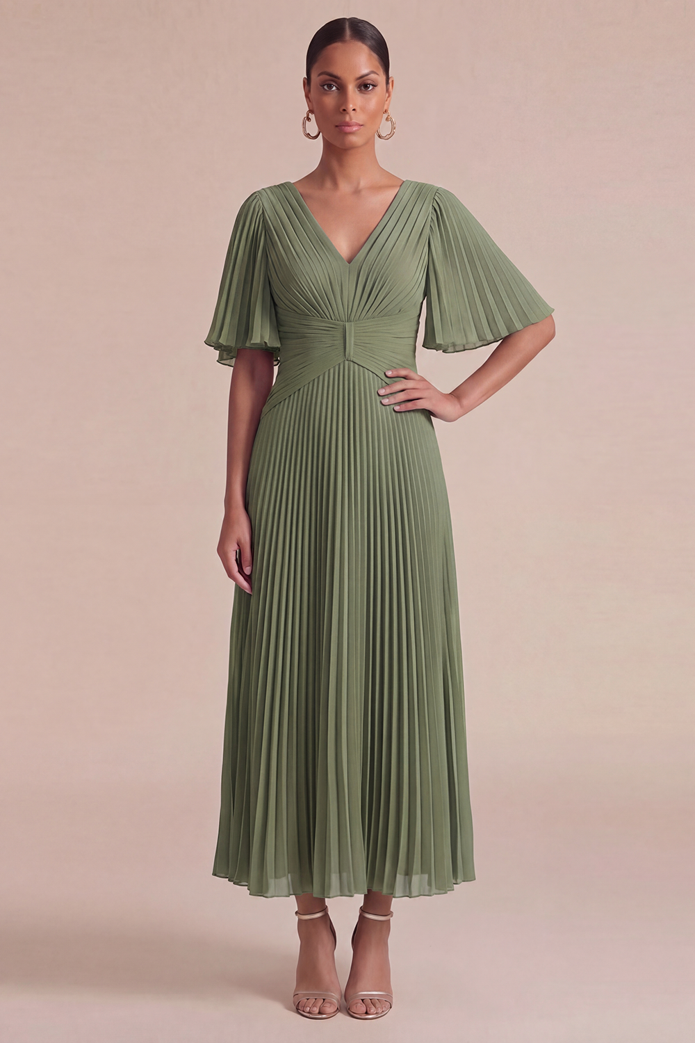 Dusty Blue Wedding Guest Dress V-Neck Ruffle Sleeve Pleated Maxi Dress