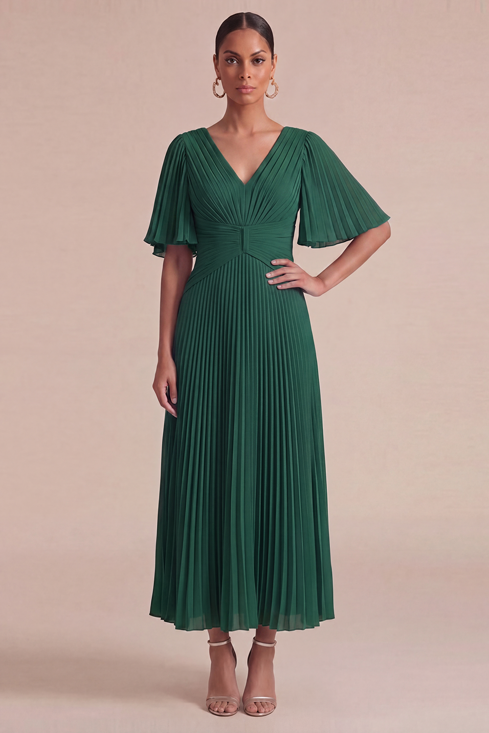 Dusty Blue Wedding Guest Dress V-Neck Ruffle Sleeve Pleated Maxi Dress