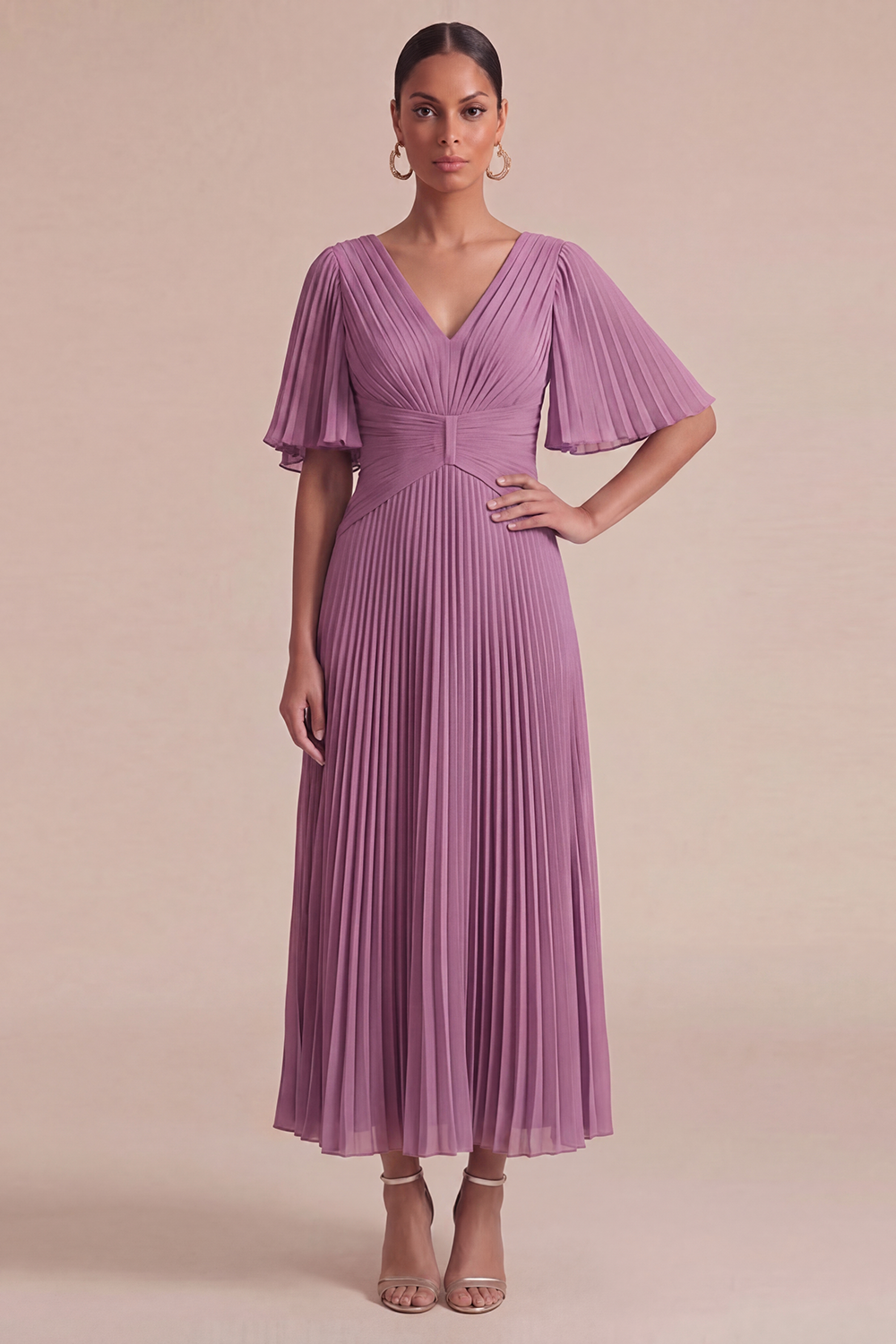 Dusty Blue Wedding Guest Dress V-Neck Ruffle Sleeve Pleated Maxi Dress