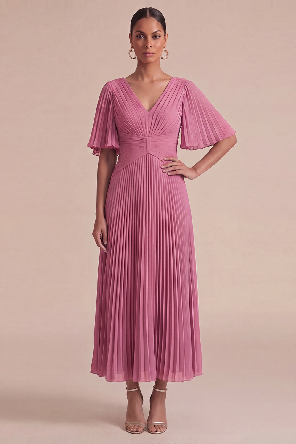 Dusty Blue Wedding Guest Dress V-Neck Ruffle Sleeve Pleated Maxi Dress