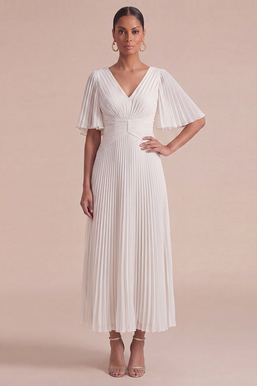 Dusty Blue Wedding Guest Dress V-Neck Ruffle Sleeve Pleated Maxi Dress