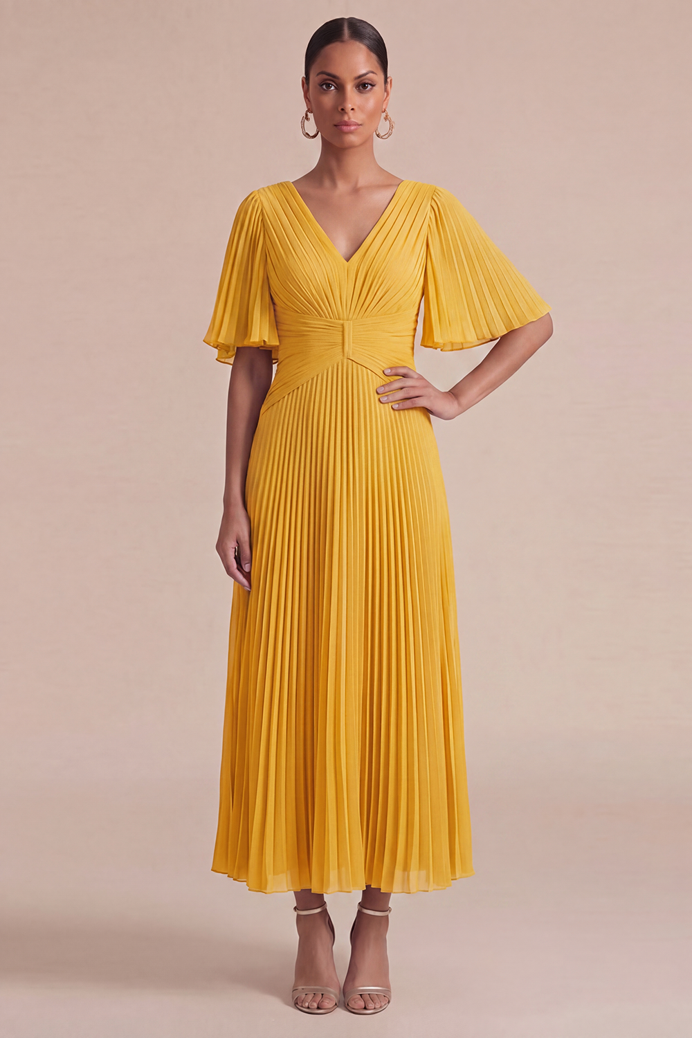 Dusty Blue Wedding Guest Dress V-Neck Ruffle Sleeve Pleated Maxi Dress
