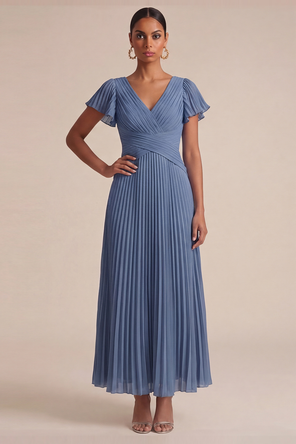 Dusty Blue Wedding Guest Dress V-Neck Ruffle Sleeve Pleated Maxi Dress