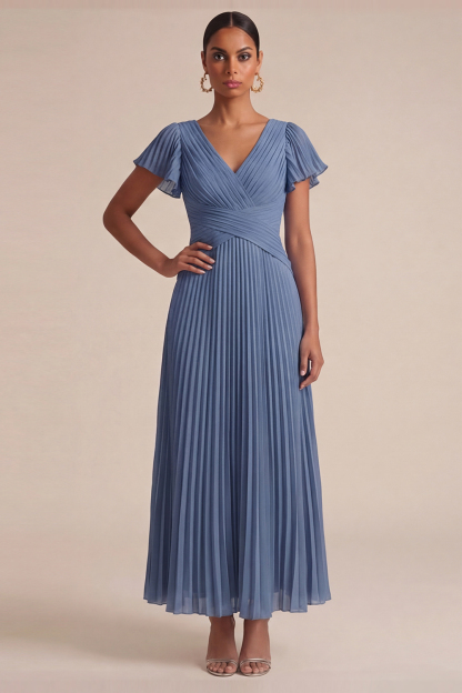 Dusty Blue Wedding Guest Dress V-Neck Short Sleeve Pleated Maxi Dress 