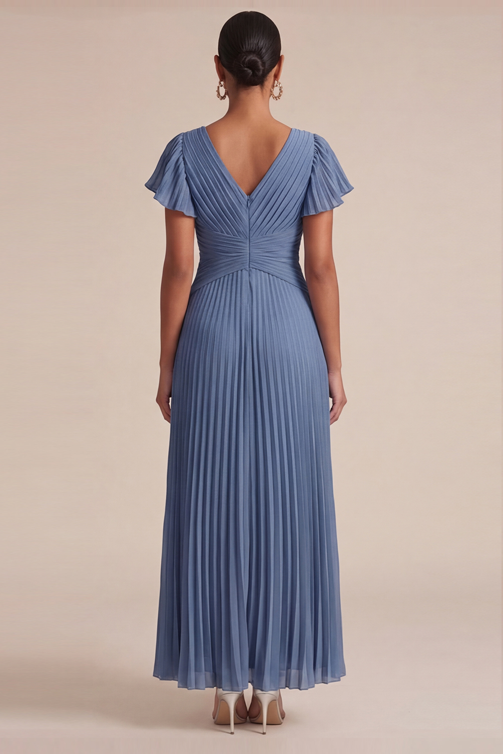Dusty Blue Wedding Guest Dress V-Neck Short Sleeve Pleated Maxi Dress 
