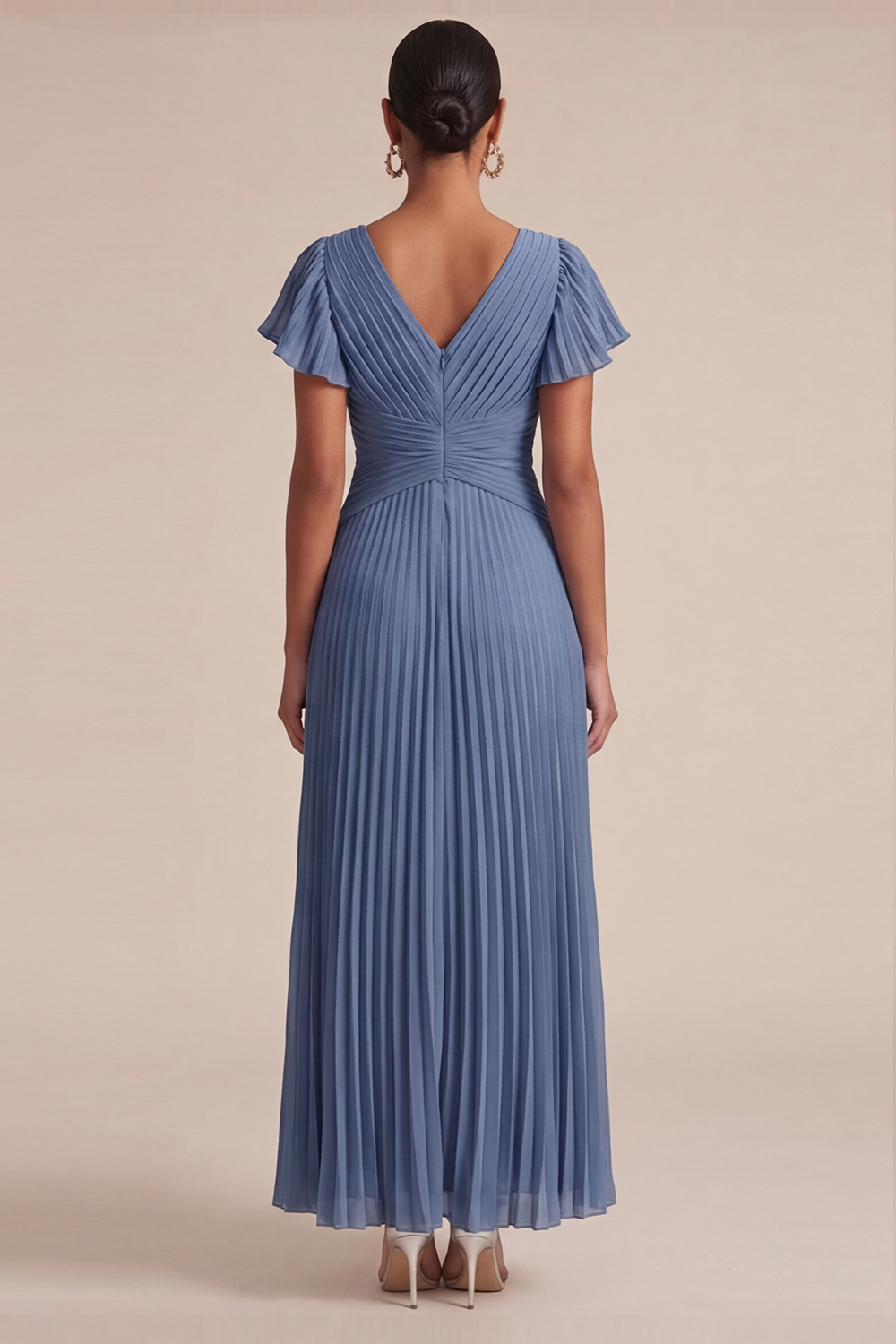Dusty Blue Wedding Guest Dress V-Neck Short Sleeve Pleated Maxi Dress 