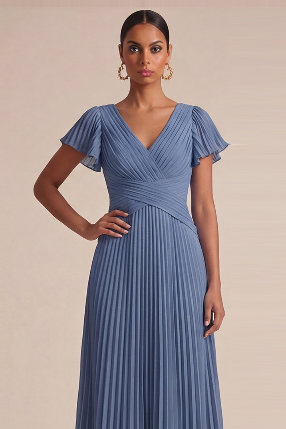 Dusty Blue Wedding Guest Dress V-Neck Short Sleeve Pleated Maxi Dress 