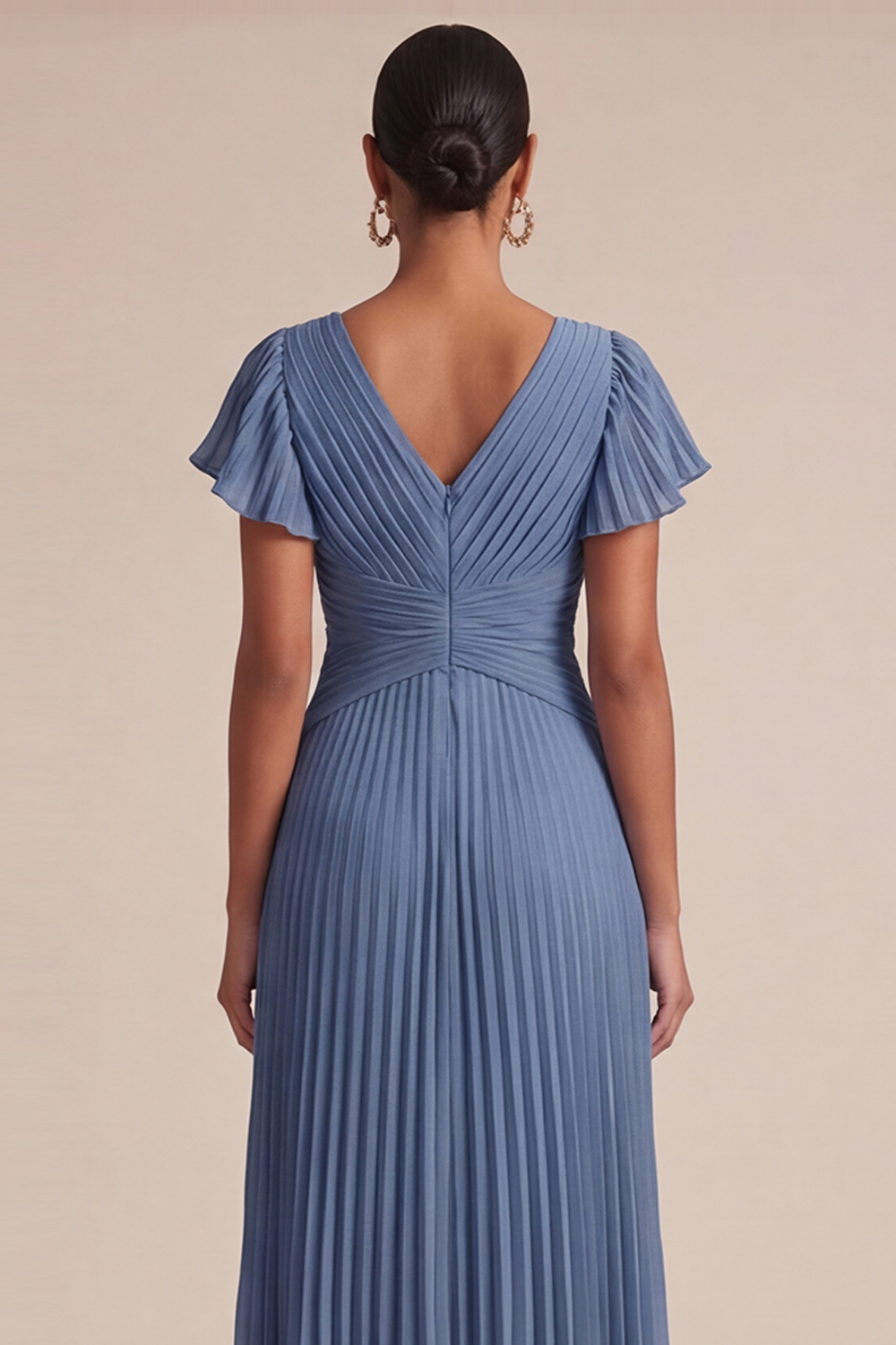 Dusty Blue Wedding Guest Dress V-Neck Short Sleeve Pleated Maxi Dress 