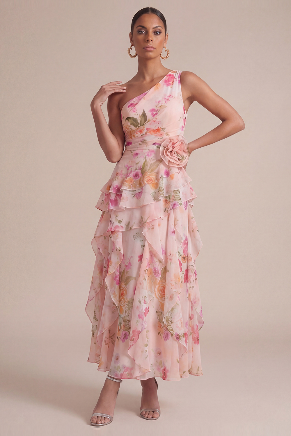 Sky Blue Wedding Guest Dress One Shoulder Ruffled Maxi Dress with 3D Flower