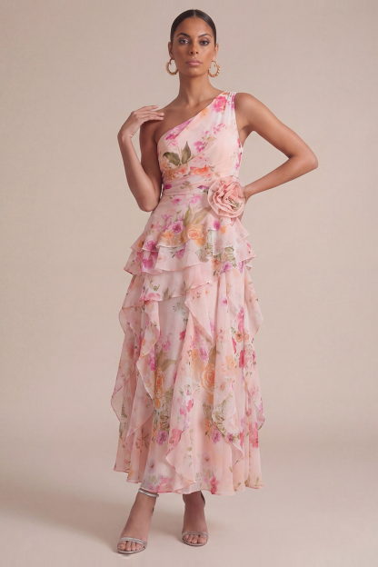 Sky Blue Wedding Guest Dress One Shoulder Ruffled Maxi Dress with 3D Flower