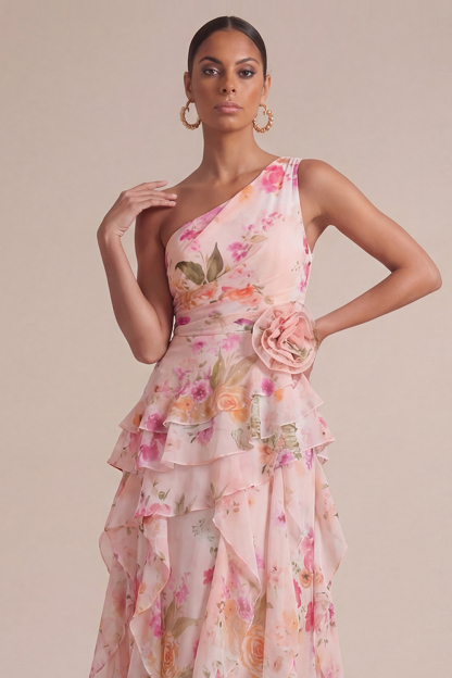 Sky Blue Wedding Guest Dress One Shoulder Ruffled Maxi Dress with 3D Flower