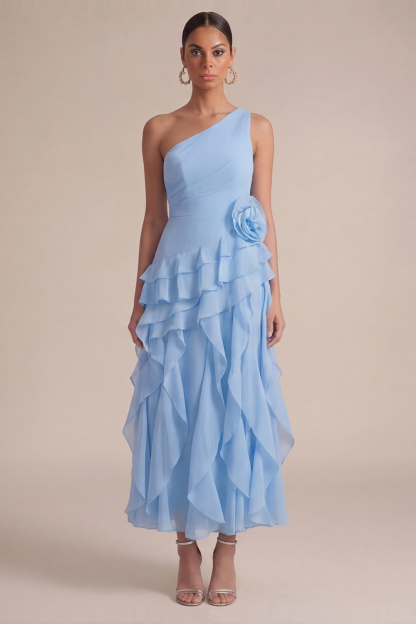 Sky Blue Wedding Guest Dress One Shoulder Ruffled Maxi Dress with 3D Flower