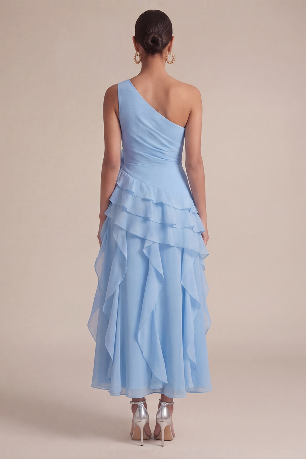 Sky Blue Wedding Guest Dress One Shoulder Ruffled Maxi Dress with 3D Flower