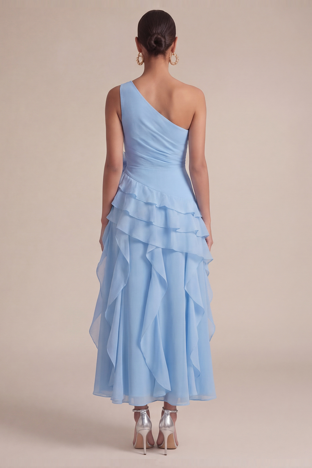 Sky Blue Wedding Guest Dress One Shoulder Ruffled Maxi Dress with 3D Flower