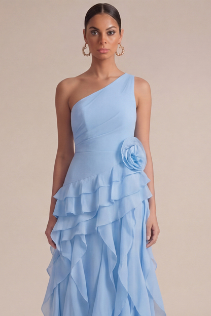 Sky Blue Wedding Guest Dress One Shoulder Ruffled Maxi Dress with 3D Flower