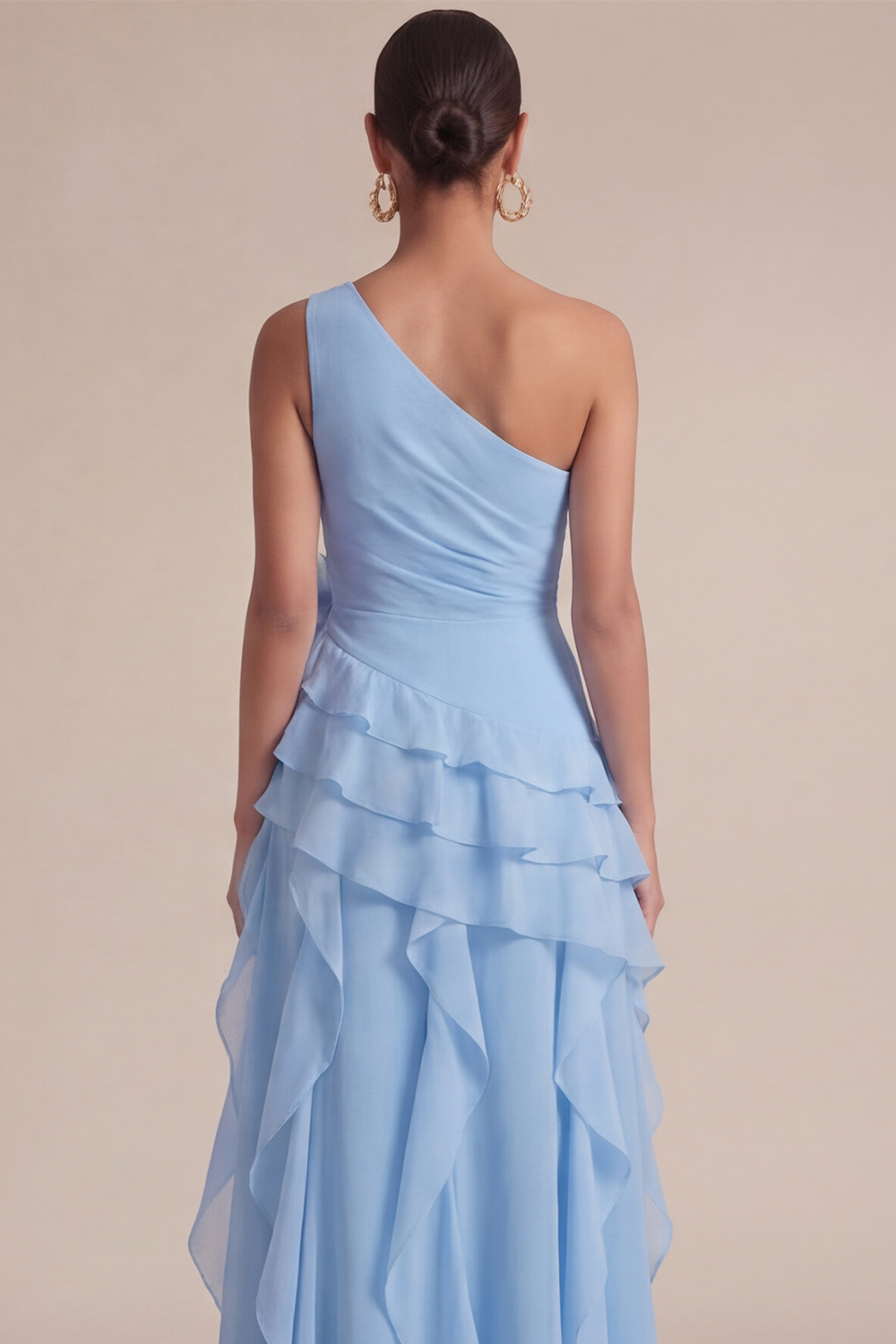 Sky Blue Wedding Guest Dress One Shoulder Ruffled Maxi Dress with 3D Flower