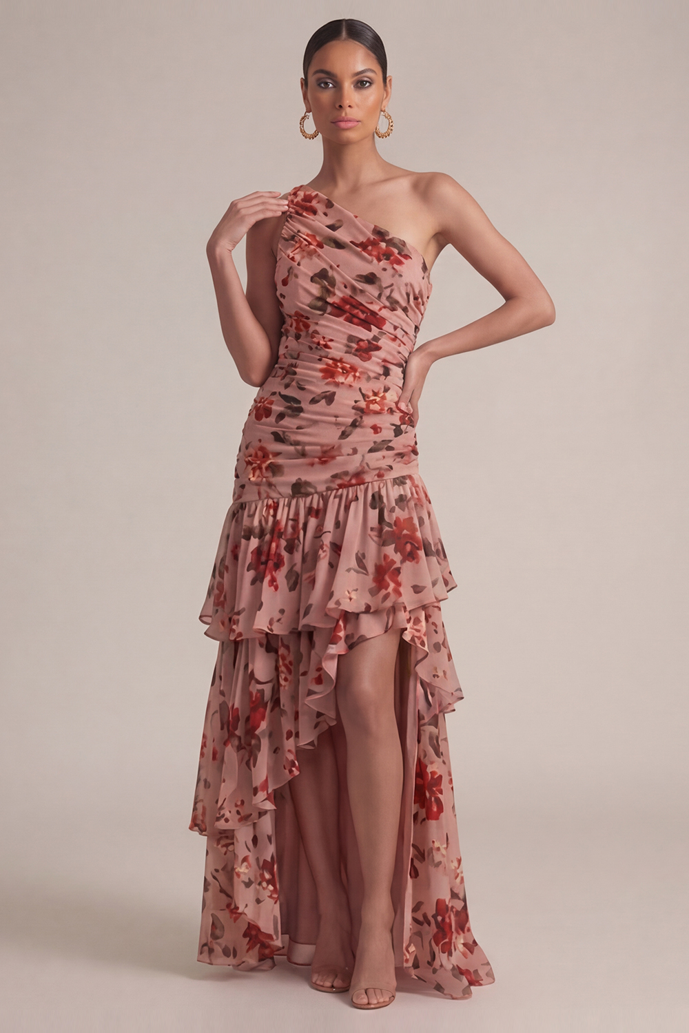 Dusty Rose Flower Wedding Guest Dress One Shoulder High-Low Dress 