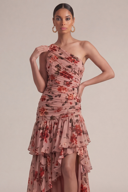 Dusty Rose Flower Wedding Guest Dress One Shoulder High-Low Dress 