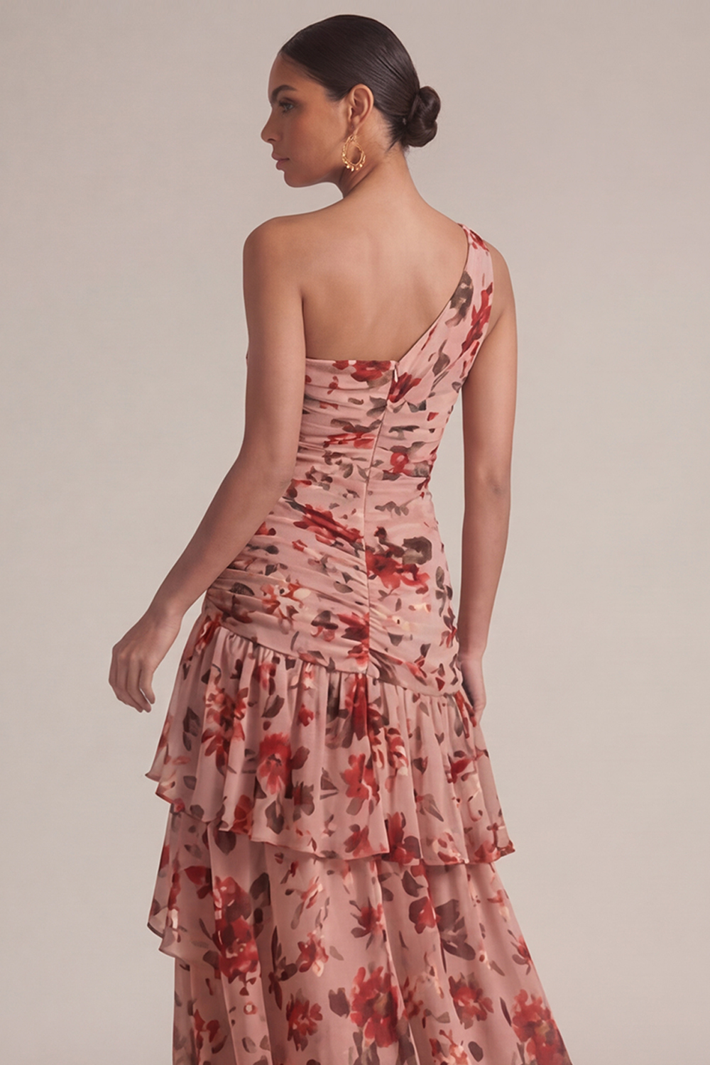 Dusty Rose Flower Wedding Guest Dress One Shoulder High-Low Dress 