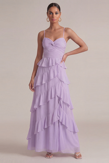 Lilac Wedding Guest Dress A-Line Spaghetti Straps Ruffled Maxi Dress 