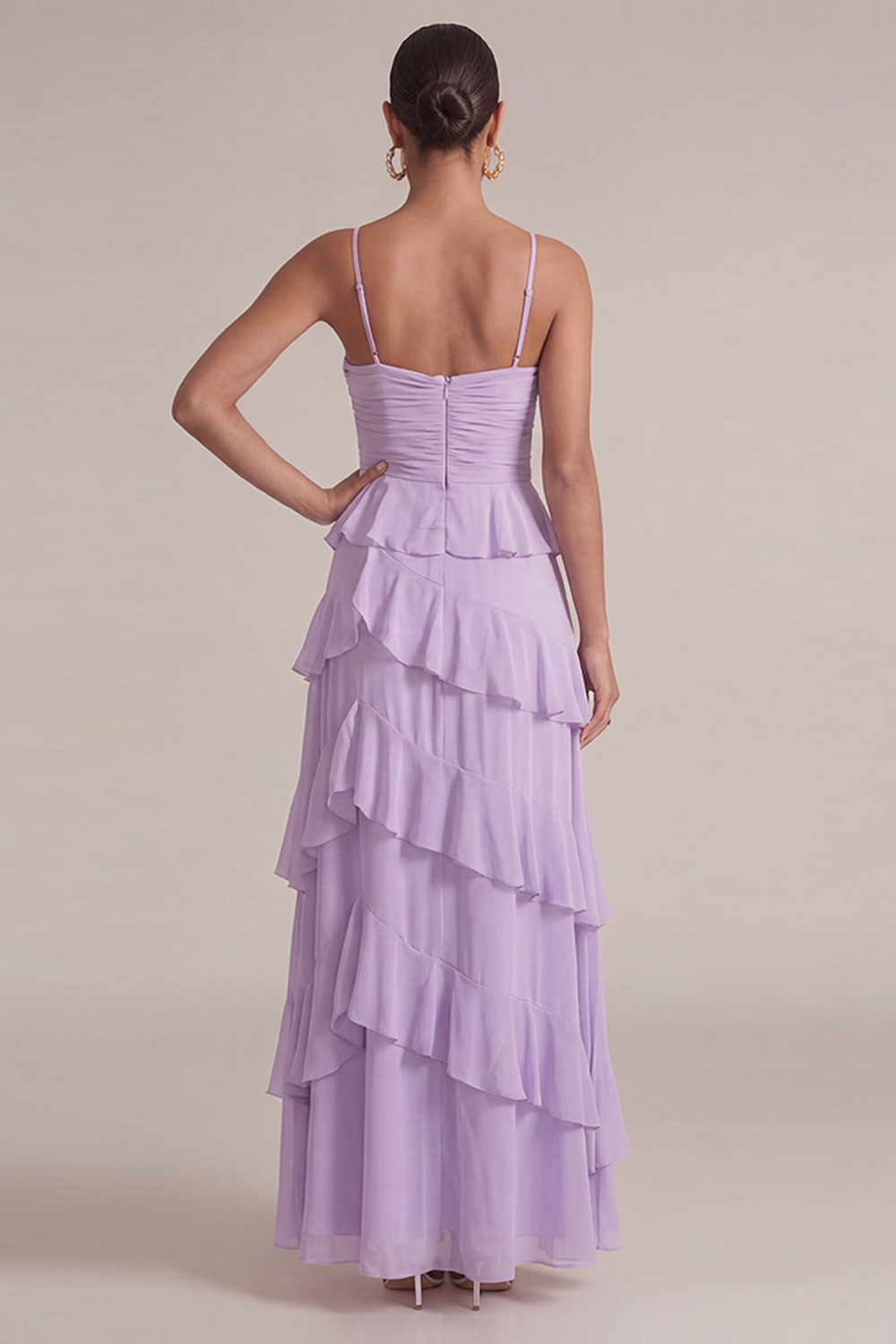 Lilac Wedding Guest Dress A-Line Spaghetti Straps Ruffled Maxi Dress 