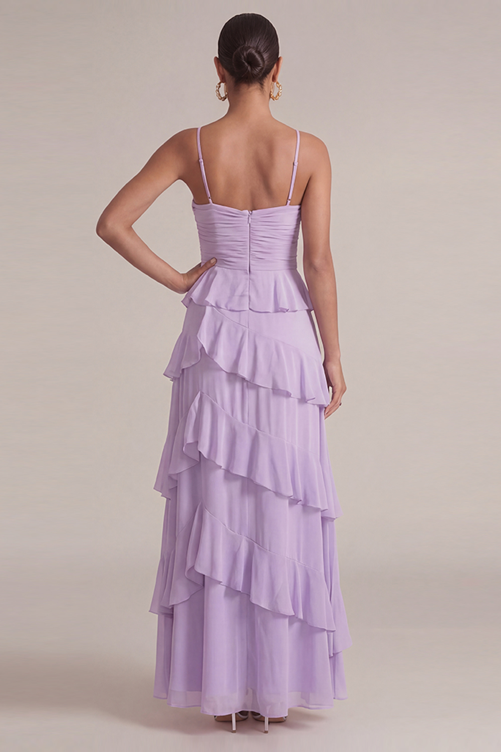 Lilac Wedding Guest Dress A-Line Spaghetti Straps Ruffled Maxi Dress 