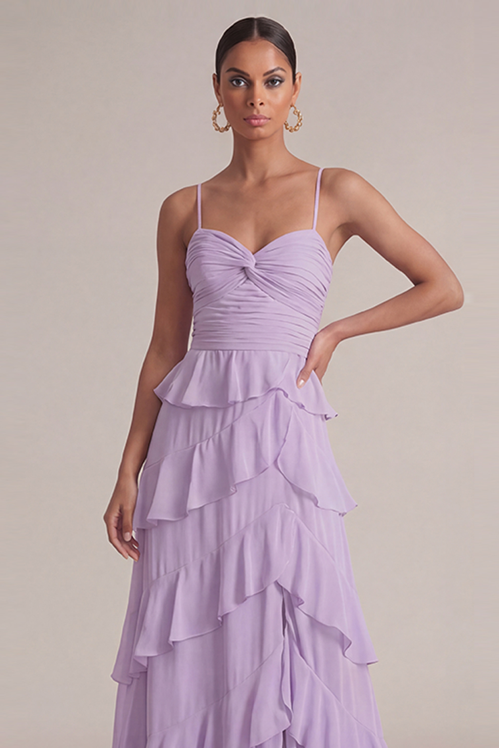 Lilac Wedding Guest Dress A-Line Spaghetti Straps Ruffled Maxi Dress 