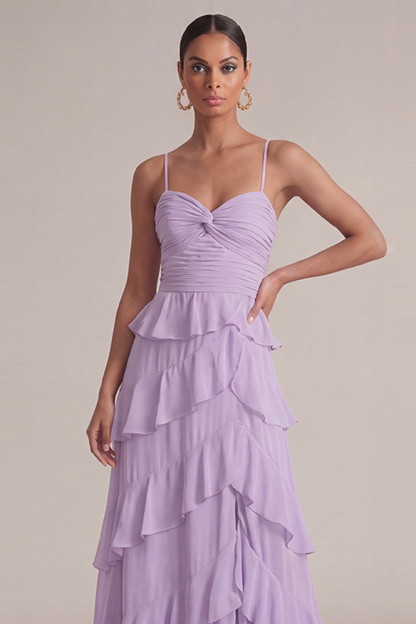 Lilac Wedding Guest Dress A-Line Spaghetti Straps Ruffled Maxi Dress 