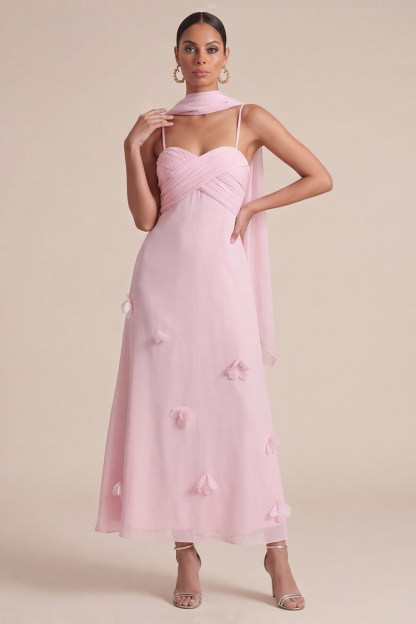 Pink Wedding Guest Dress A-Line Spaghetti Straps Maxi Dress with Scarf