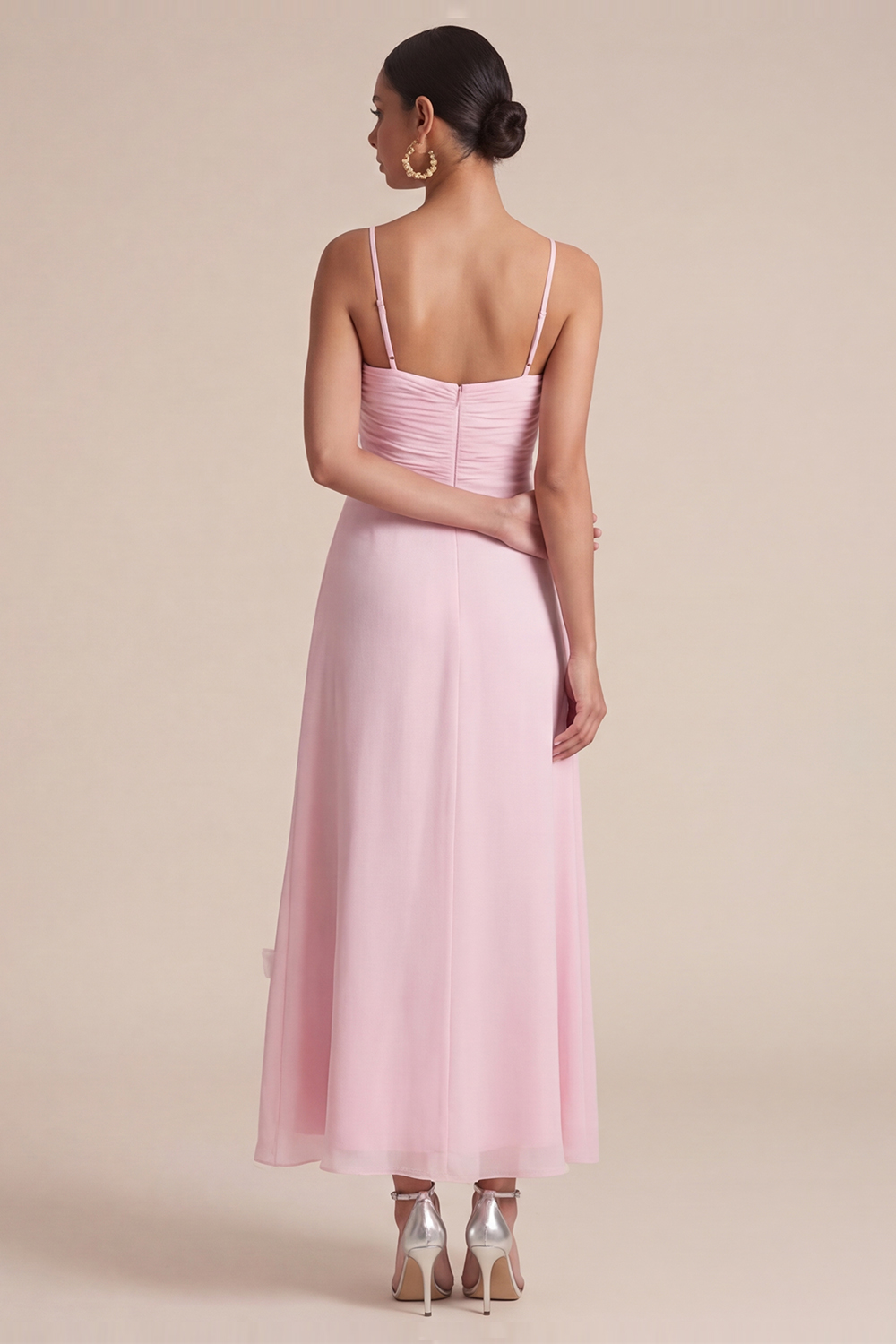 Pink Wedding Guest Dress A-Line Spaghetti Straps Maxi Dress with Scarf