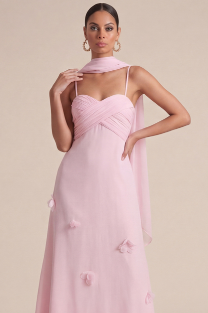 Pink Wedding Guest Dress A-Line Spaghetti Straps Maxi Dress with Scarf