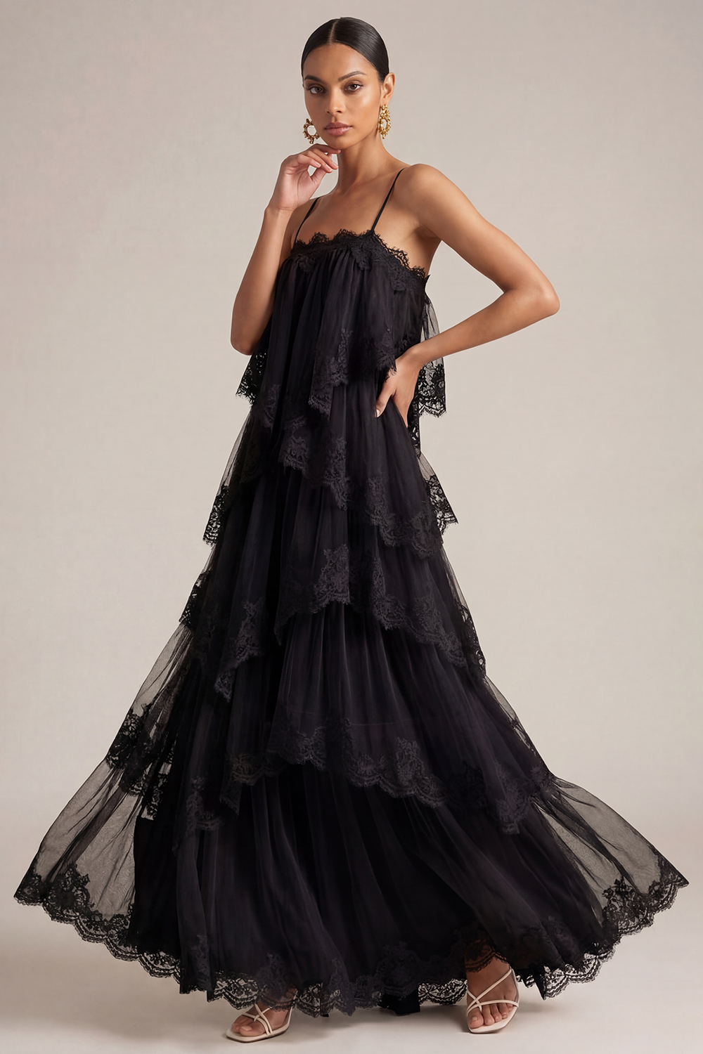 White Wedding Guest Dress A-Line Spaghetti Straps Tiered Maxi Dress 