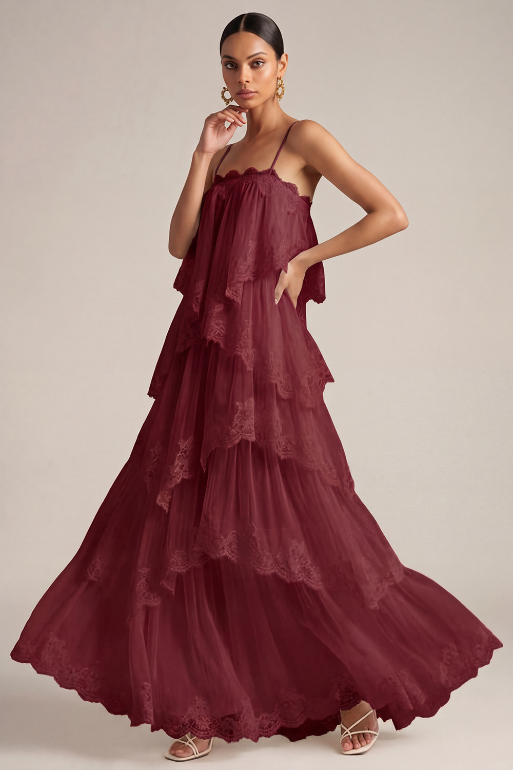 White Wedding Guest Dress A-Line Spaghetti Straps Tiered Maxi Dress 