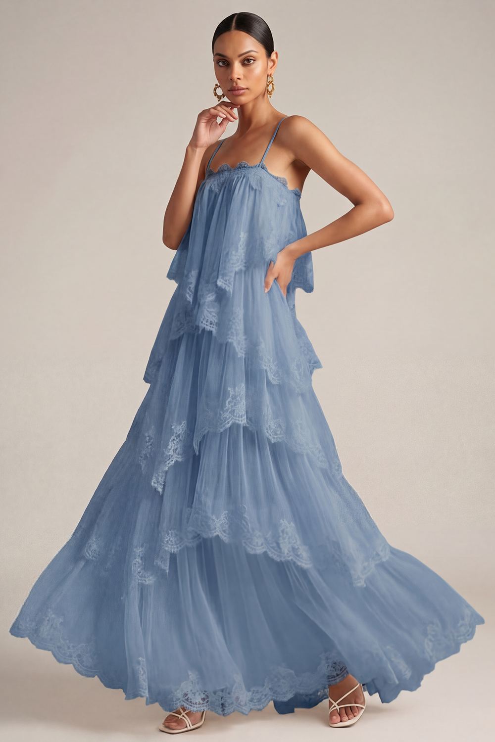 White Wedding Guest Dress A-Line Spaghetti Straps Tiered Maxi Dress 