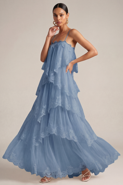 White Wedding Guest Dress A-Line Spaghetti Straps Tiered Maxi Dress 