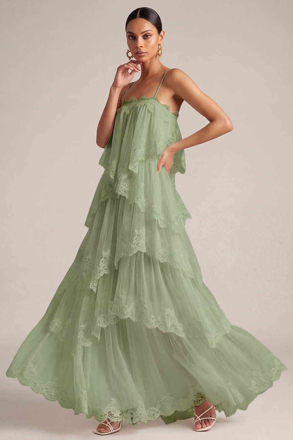 White Wedding Guest Dress A-Line Spaghetti Straps Tiered Maxi Dress 