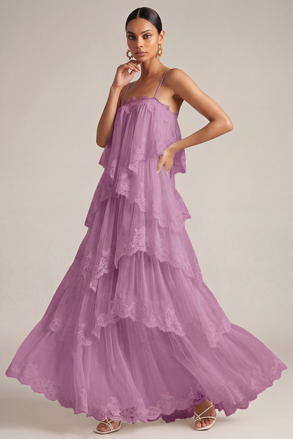 White Wedding Guest Dress A-Line Spaghetti Straps Tiered Maxi Dress