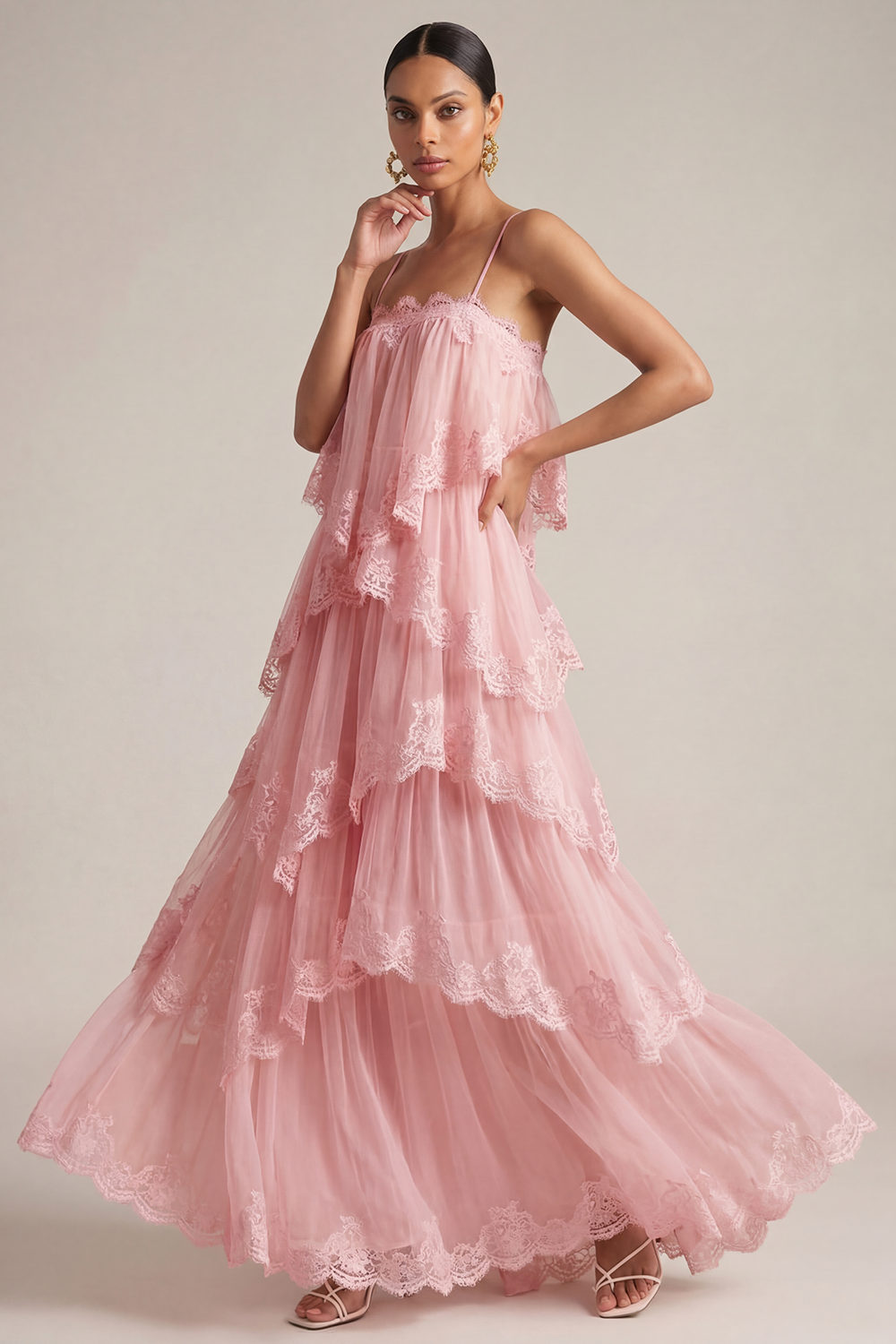 White Wedding Guest Dress A-Line Spaghetti Straps Tiered Maxi Dress