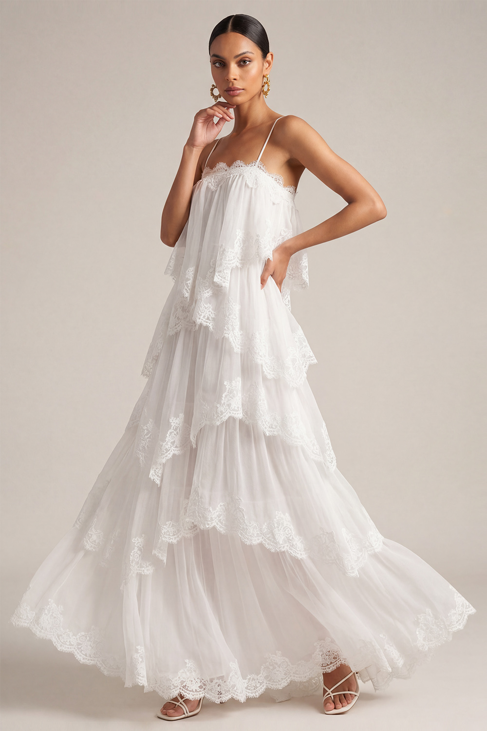 White Wedding Guest Dress A-Line Spaghetti Straps Tiered Maxi Dress