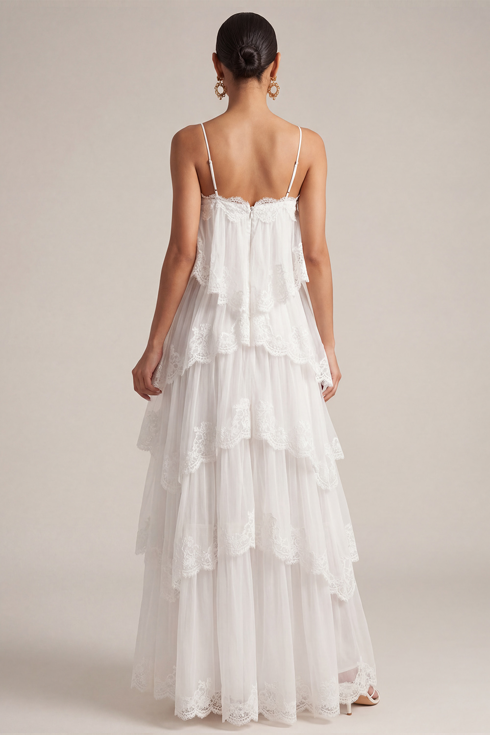 White Wedding Guest Dress A-Line Spaghetti Straps Tiered Maxi Dress 