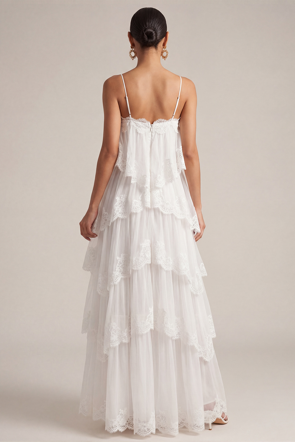 White Wedding Guest Dress A-Line Spaghetti Straps Tiered Maxi Dress 