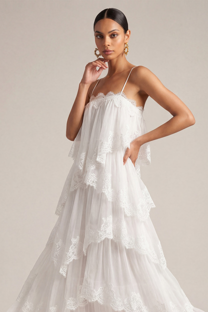 White Wedding Guest Dress A-Line Spaghetti Straps Tiered Maxi Dress 