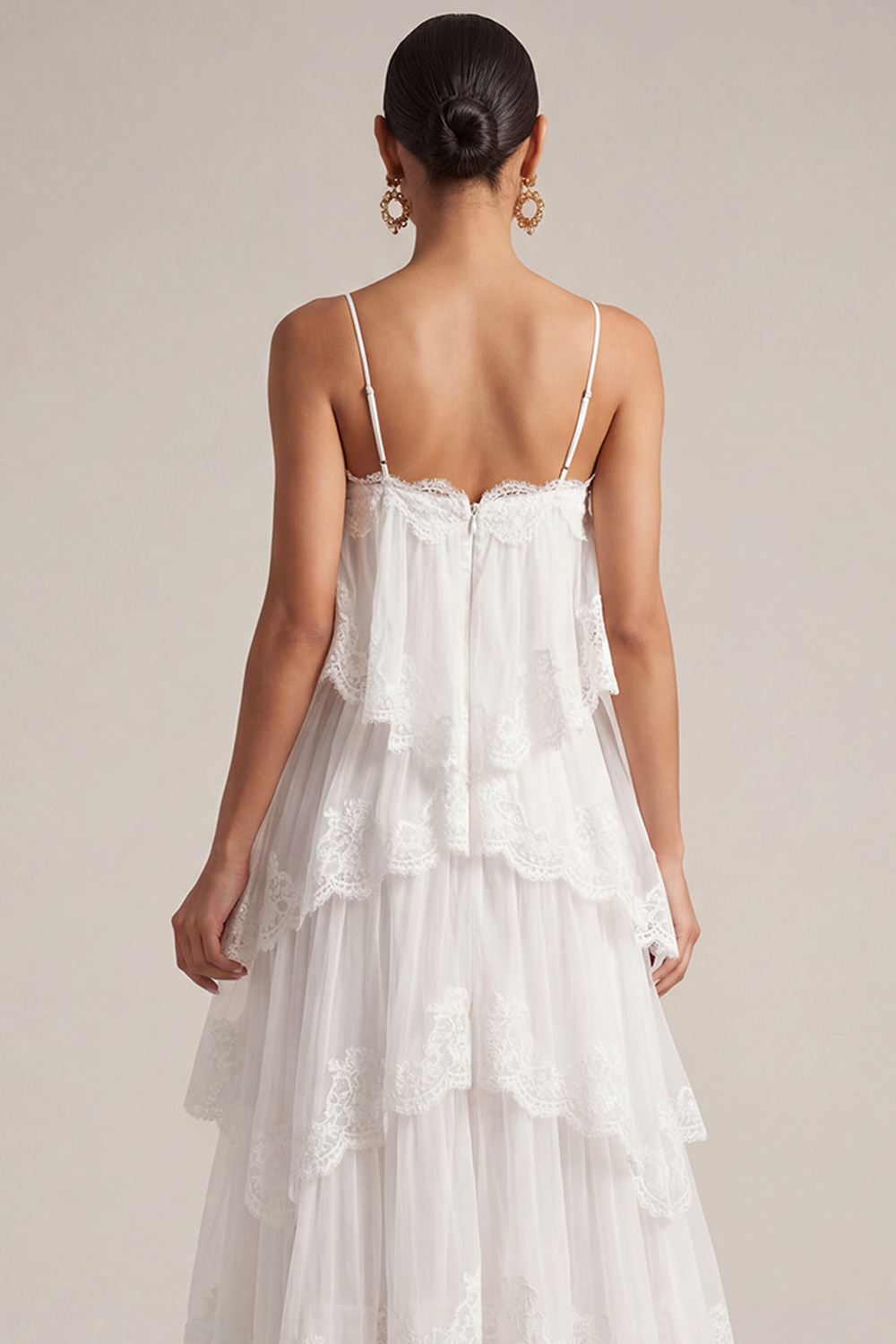 White Wedding Guest Dress A-Line Spaghetti Straps Tiered Maxi Dress 