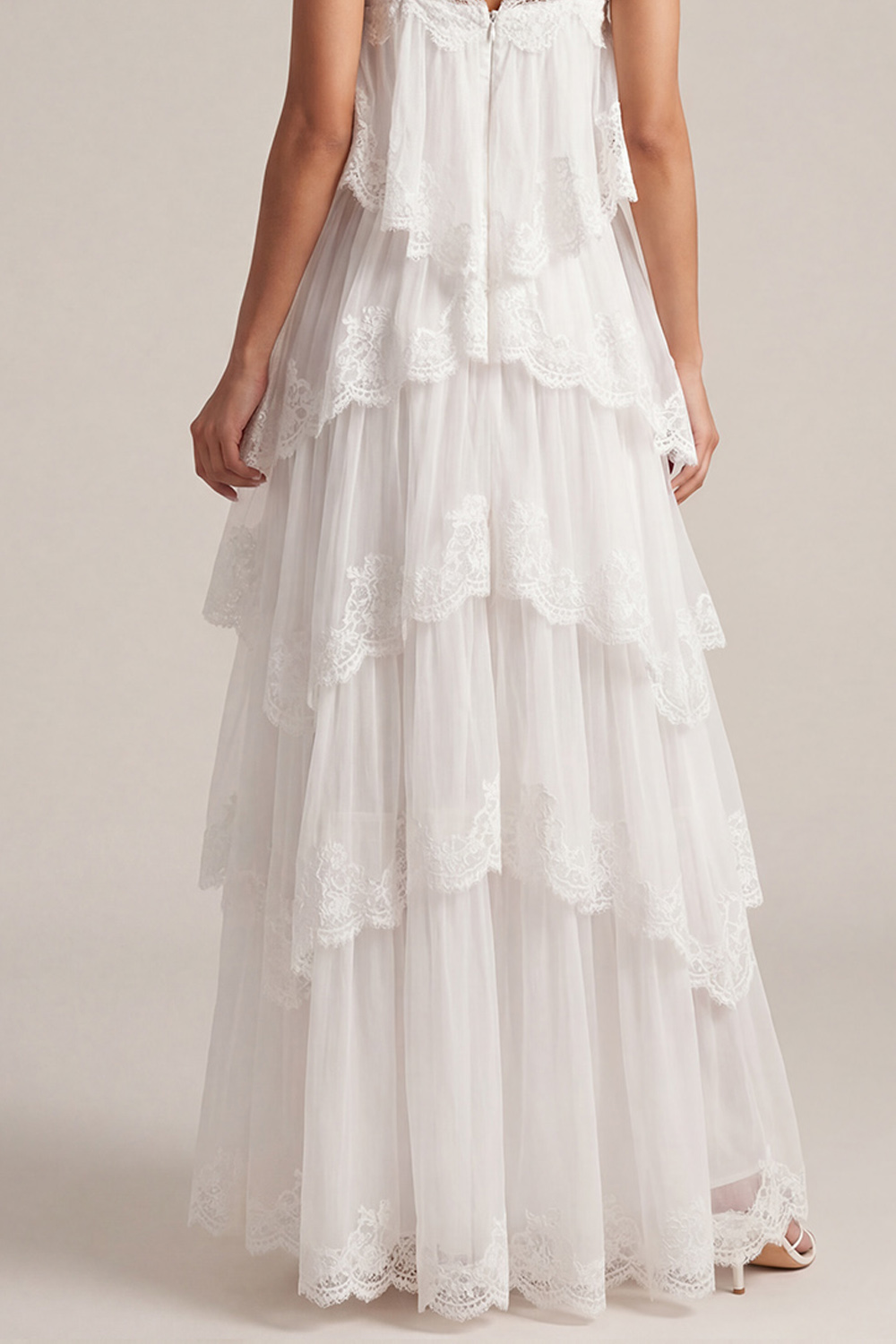 White Wedding Guest Dress A-Line Spaghetti Straps Tiered Maxi Dress 