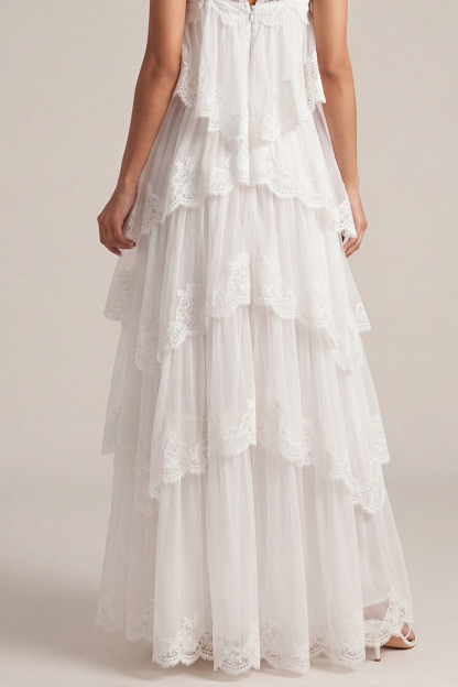 White Wedding Guest Dress A-Line Spaghetti Straps Tiered Maxi Dress 
