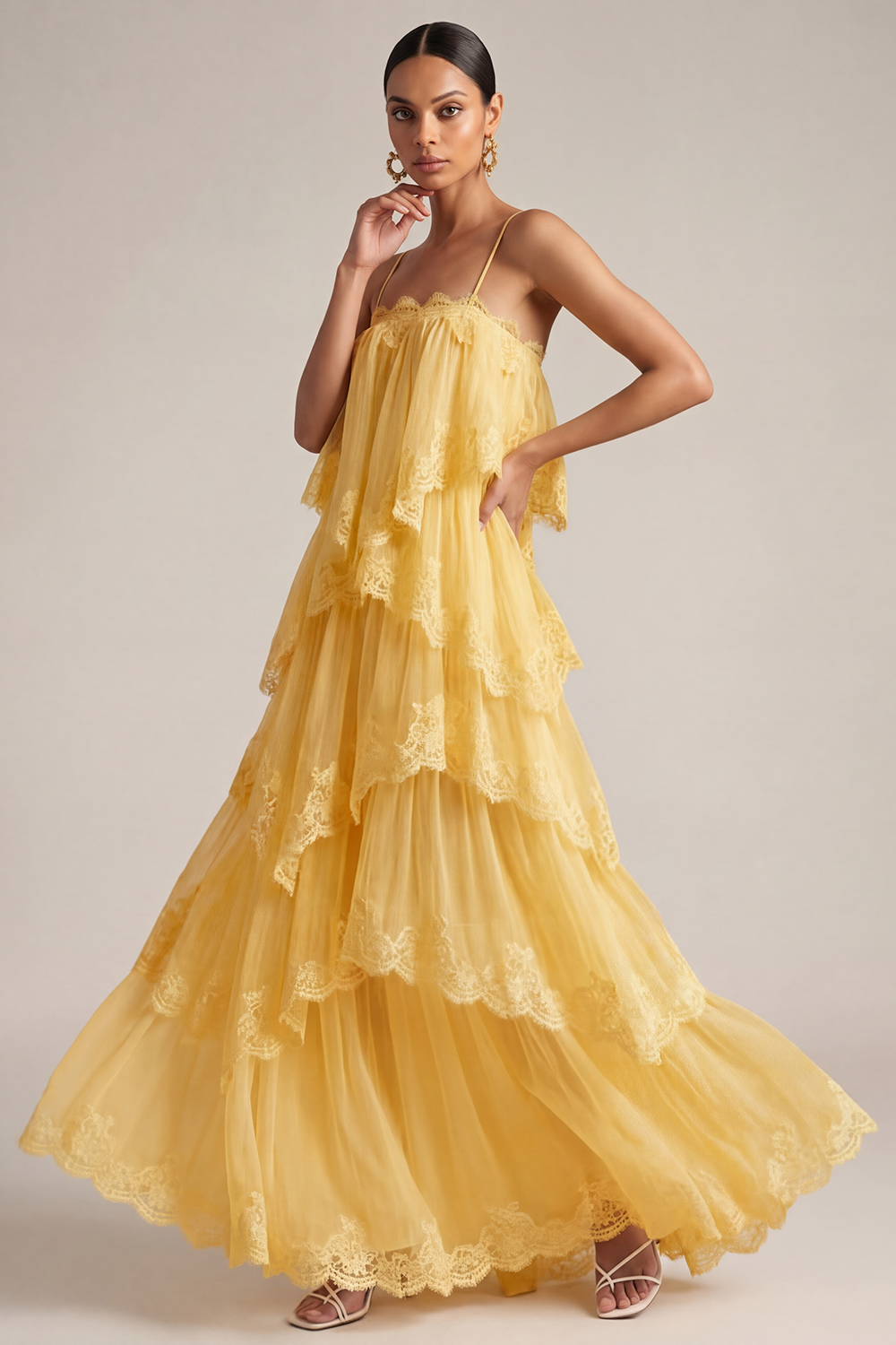 White Wedding Guest Dress A-Line Spaghetti Straps Tiered Maxi Dress 