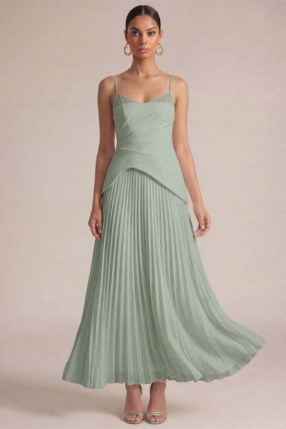 White Wedding Guest Dress A-Line Spaghetti Straps Pleated Maxi Dress 